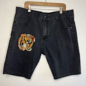 Steve’s Jeans Vintage Y2K Black Denim Jort Shorts Tiger Embroidery Mens Size 44
